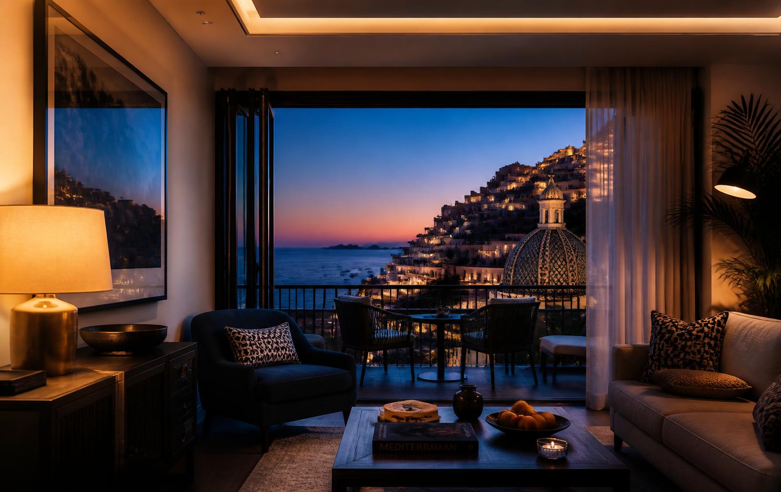 Stilvoll eingerichtete Ferienwohnung mit Meerblick zur blauen Stunde